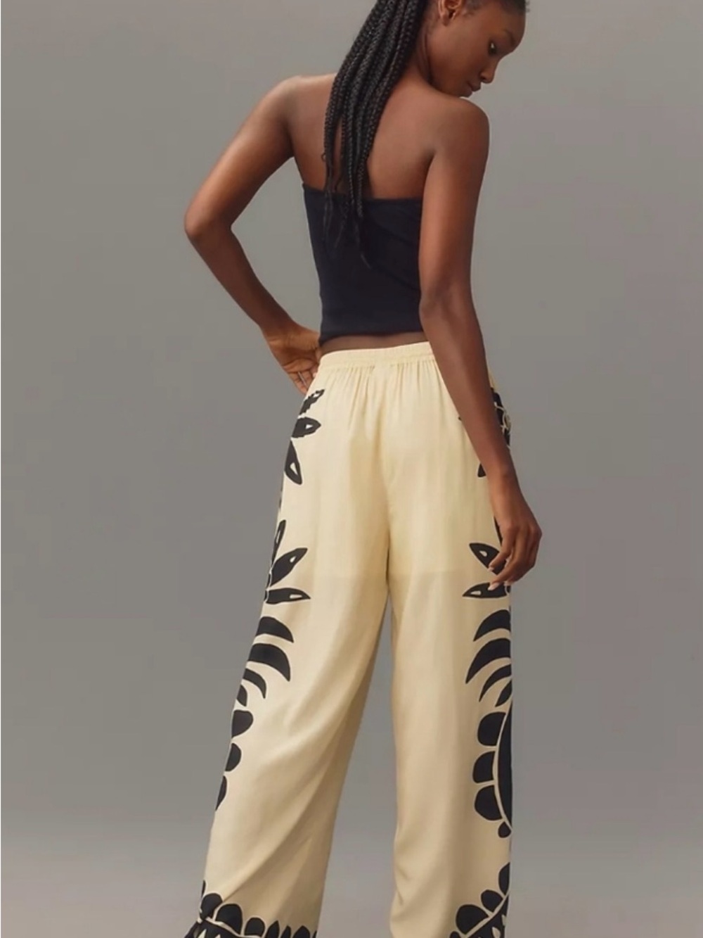 FARM Rio Cream Wide-Leg Pants with Black Floral Trim - Picture 3 of 6